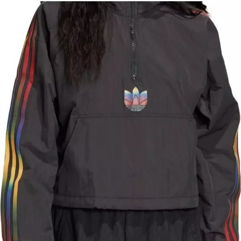 Adidas Black Cropped Jacket with Multicolor Stripes - Picture 13 of 13